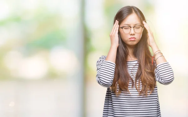 Young Asian Woman Wearing Glasses Isolated Background Hand Head Pain — Stock Photo, Image