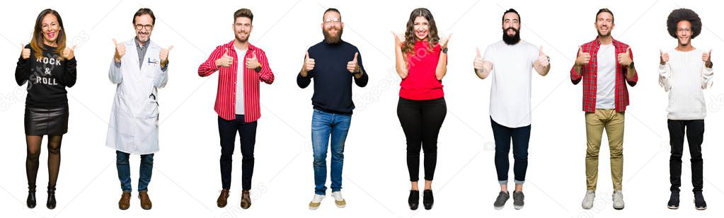 Collage of people over white isolated background success sign doing positive gesture with hand, thumbs up smiling and happy. Looking at the camera with cheerful expression, winner gesture.