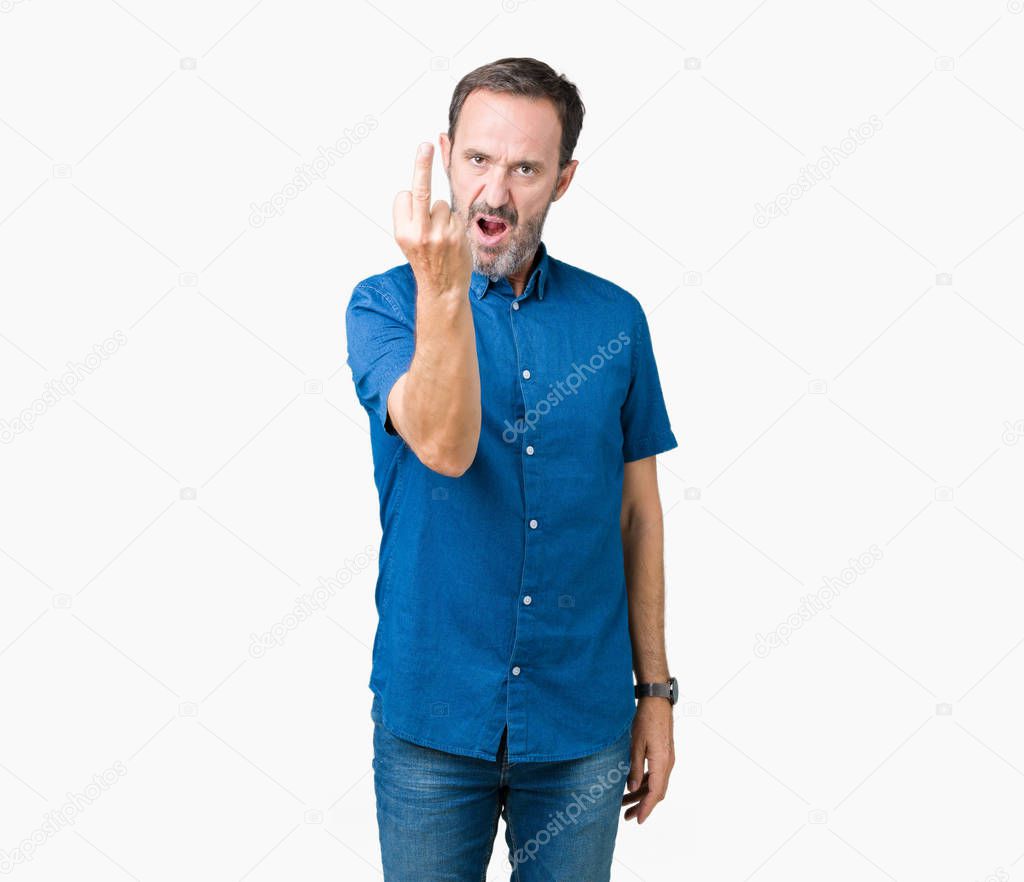 Handsome middle age elegant senior man over isolated background Showing middle finger, impolite and rude fuck off expression