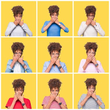 Sarı izole arka plan üzerinde genç güzel Afrikalı kız Kolaj hata için elleri ile ağız kapsayan şok. Gizli kavram.