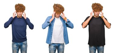 Kolaj üzerinde Kıvırcık saçlı Genç erkeklerin izole beyaz arka plan baş baş ağrısı için el ile çünkü stres. Migren muzdarip.