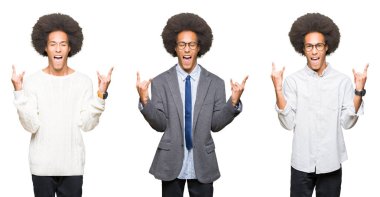 Deli ifade rock simge elle yapıyor ile bağırarak beyaz izole arka plan üzerinde afro saçlı Genç adam kolaj. Müzik yıldızı. Ağır kavramı.