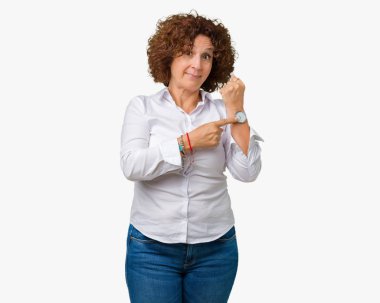 Acele işaretleme izlemek için zaman, sabırsızlık, üzgün ve kızgın son tarih gecikme için arka plan güzel orta ager üst düzey businees kadın izole