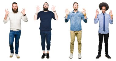 Kolaj bir grup beyaz izole arka plan üzerinde genç erkek dinlenin ve gülümseyen gözlerle kapalı parmak jestle meditasyon yapıyor. Yoga kavramı.