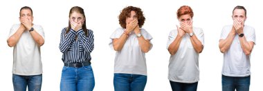 Kolaj grup izole arka plan ağız hata için elleriyle kapsayan şok üzerinde üst düzey insan. Gizli kavramı.