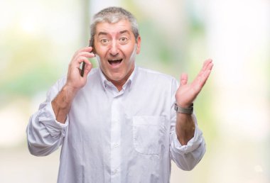 Üst düzey yakışıklı smartphone üzerinde kocaman bir gülümseme ile çığlık zaferini kutluyor ve ellerini kaldırdı izole arka plan çok mutlu ve heyecanlı, kazanan ifade konuşuyor