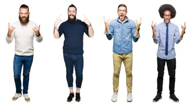 Kolaj bir grup deli ifade rock simge elle yapıyor ile bağırarak beyaz izole arka plan üzerinde genç adam. Müzik yıldızı. Ağır kavramı.