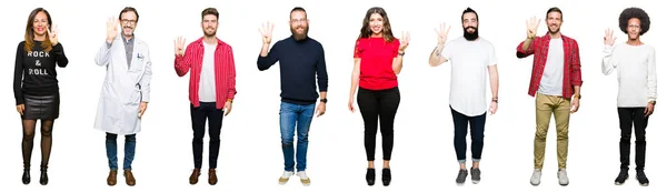Коллаж Людей Белом Изолированном Фоне Показывающий Указывающий Пальцами Номер Четыре — стоковое фото