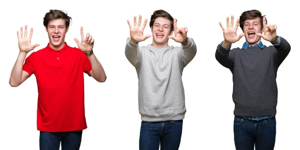 Collage Young Man White Isolated Background Showing Pointing Fingers Number — Stock Photo, Image