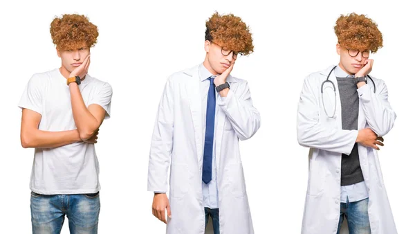 Koláž Mladého Lékaře Rouchem Lékařský Plášť Přes Izolované Bílé Pozadí — Stock fotografie