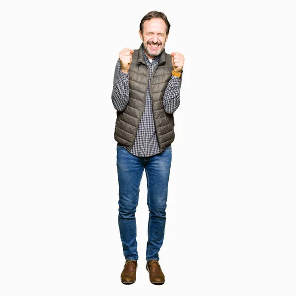 Middle Age Handsome Man Wearing Winter Vest Excited Success Arms — Stock Photo, Image