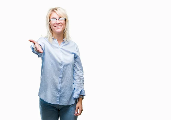 Young Beautiful Blonde Business Woman Wearing Glasses Isolated Background Smiling — Stock Photo, Image