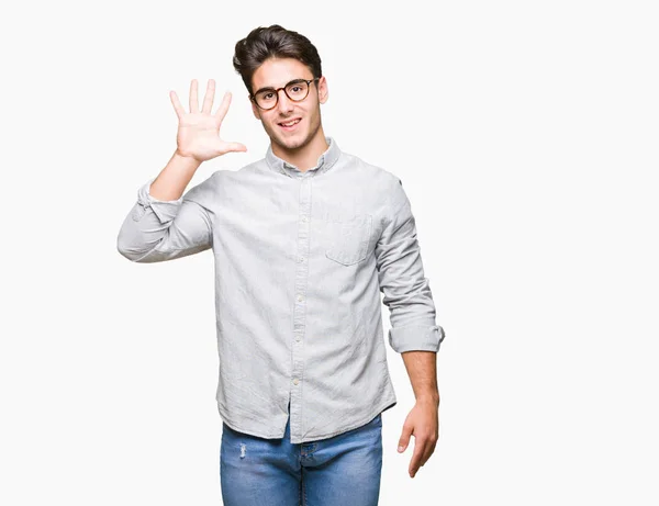 Ung Vacker Man Bär Glasögon Över Isolerade Bakgrund Visar Och — Stockfoto