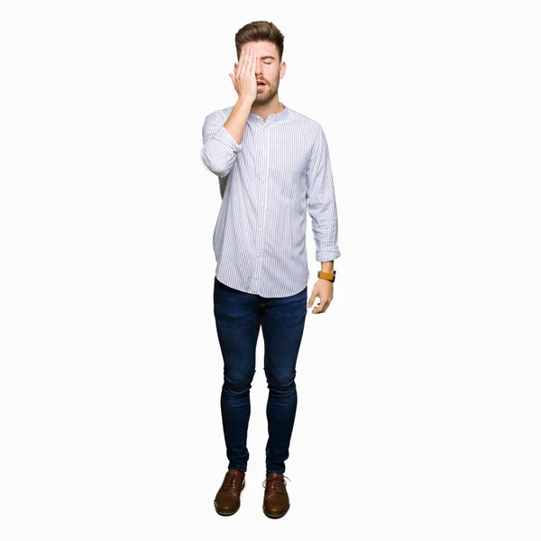 Young Handsome Man Yawning Tired Covering Half Face Eye Mouth — Stock Photo, Image