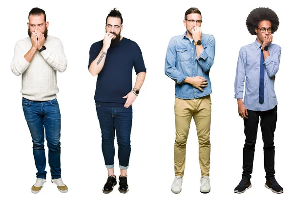 Collage Grupp Unga Män Över Vit Isolerade Bakgrund Ser Stressad — Stockfoto