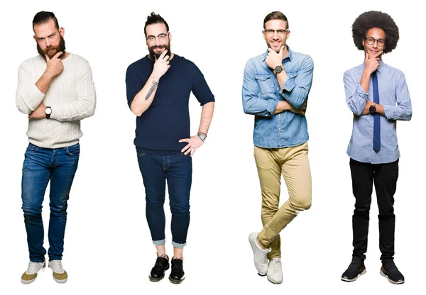 Collage Grupp Unga Män Över Vit Isolerade Bakgrund Ser Självsäker — Stockfoto