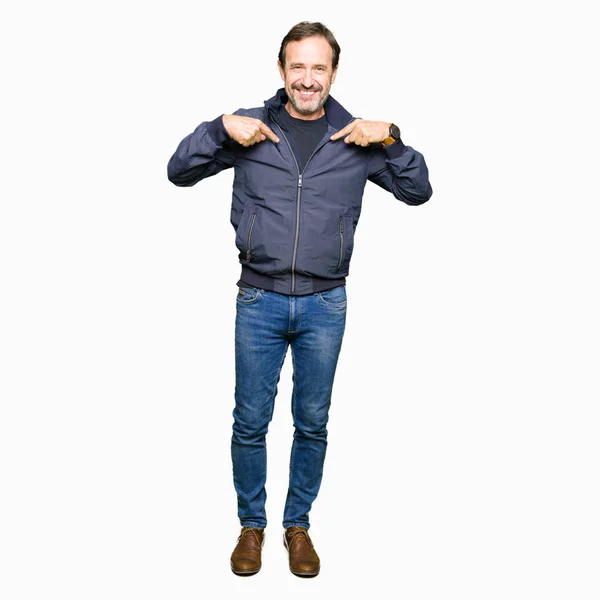 Middle Age Handsome Man Wearing Jacket Looking Confident Smile Face — Stock Photo, Image