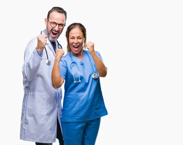 Middle Age Hispanic Doctors Partners Couple Wearing Medical Uniform Isolated — Stock Photo, Image