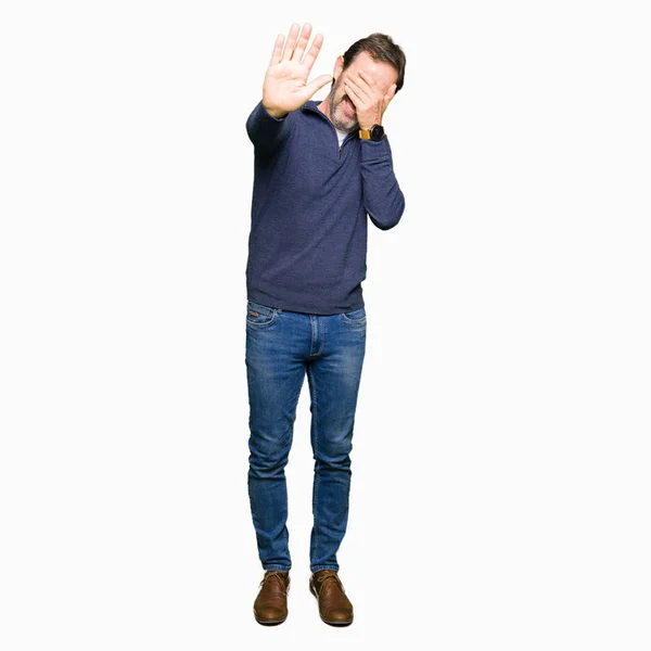 Middle Age Handsome Man Wearing Sweater Covering Eyes Hands Doing — Stock Photo, Image