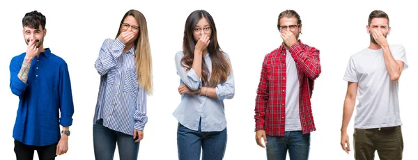 Collage Van Jongeren Witte Geïsoleerd Achtergrond Iets Ruiken Stinkende Walgelijk — Stockfoto