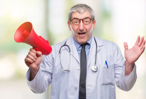 Handsome Senior Doctor Man Yelling Megaphone Isolated Background Very Happy — Stock Photo, Image