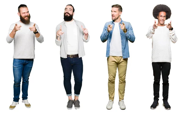 Collage Van Groep Jonge Mannen Witte Geïsoleerde Achtergrond Wijzen Vingers — Stockfoto