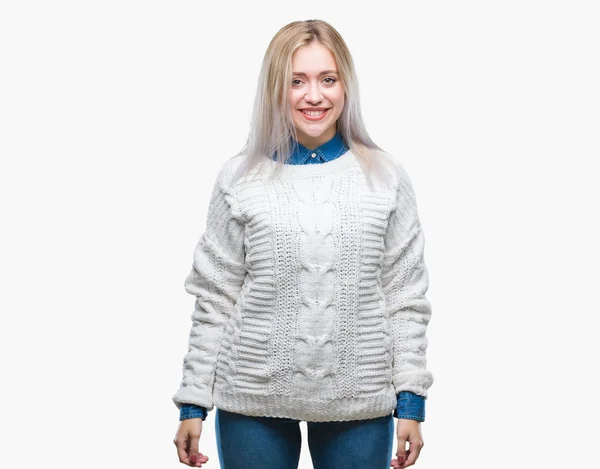 Mulher Loira Jovem Usando Camisola Inverno Sobre Fundo Isolado Com — Fotografia de Stock
