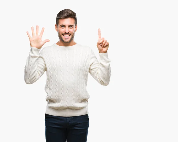 Jovem Homem Bonito Vestindo Camisola Inverno Sobre Fundo Isolado Mostrando — Fotografia de Stock