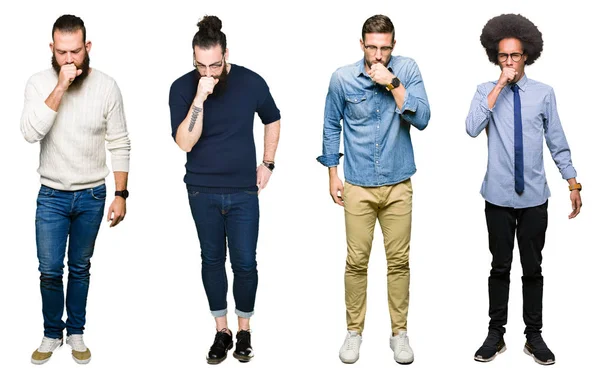 Collage Grupp Unga Män Över Vita Isolerade Bakgrunden Känsla Sjukdomskänsla — Stockfoto