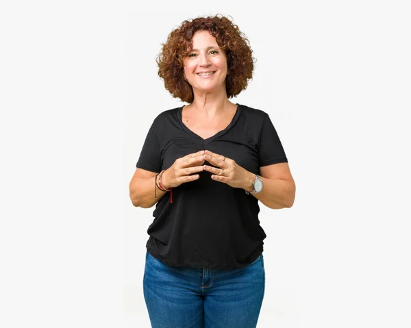 Mulher Sênior Meio Ager Bonita Sobre Fundo Isolado Mãos Juntas — Fotografia de Stock