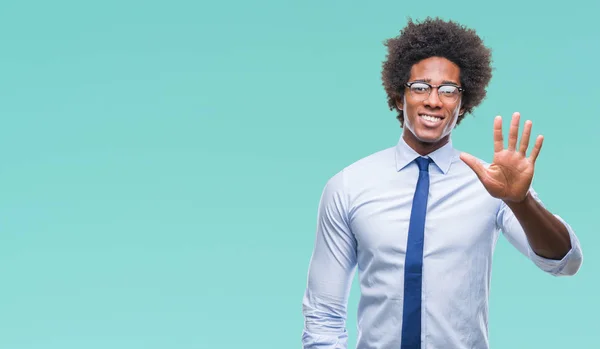 Afro Amerikansk Affärsman Som Bär Glasögon Över Isolerade Bakgrund Visar — Stockfoto