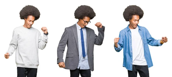 Collage Young Man Afro Hair White Isolated Background Dancing Happy — Stock Photo, Image