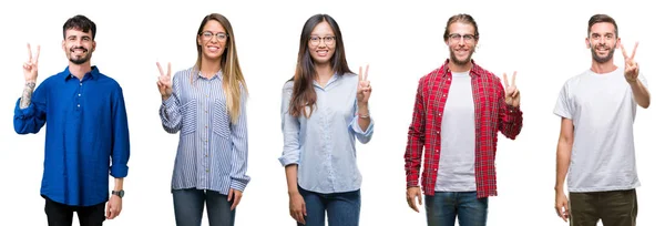 Collage Young People White Isolated Background Showing Pointing Fingers Number — Stock Photo, Image