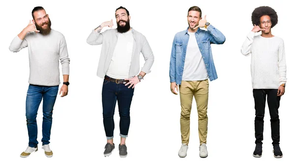 Collage Van Groep Jonge Mannen Witte Geïsoleerd Achtergrond Glimlachend Telefoon — Stockfoto