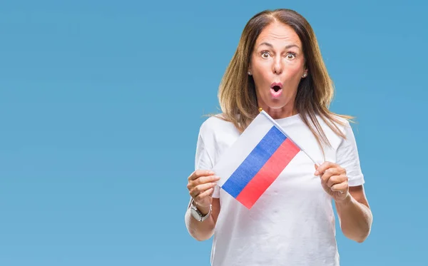 Spaanse Vrouw Middelbare Leeftijd Met Vlag Van Rusland Geïsoleerde Achtergrond — Stockfoto