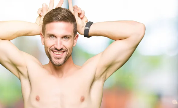 Handsome Shirtless Man Showing Nude Chest Posing Funny Crazy Fingers — Stock Photo, Image