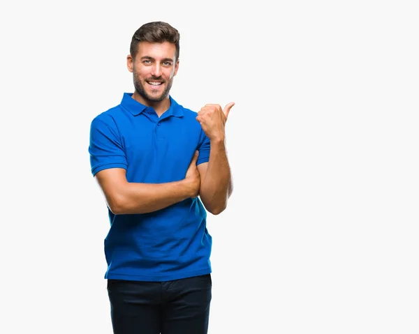 Young Handsome Man Isolated Background Smiling Happy Face Looking Pointing — Stock Photo, Image