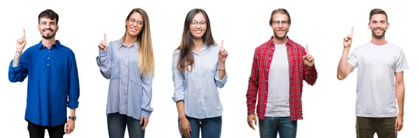 Collage Jóvenes Sobre Fondo Blanco Aislado Mostrando Señalando Con Dedo — Foto de Stock