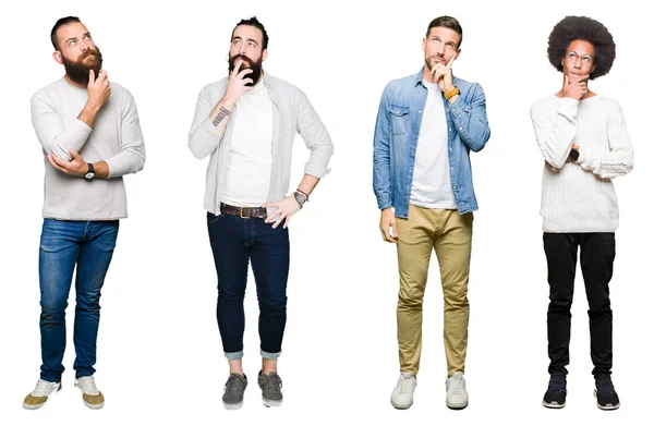 Collage Grupp Unga Män Över Vita Isolerade Bakgrund Med Hand — Stockfoto