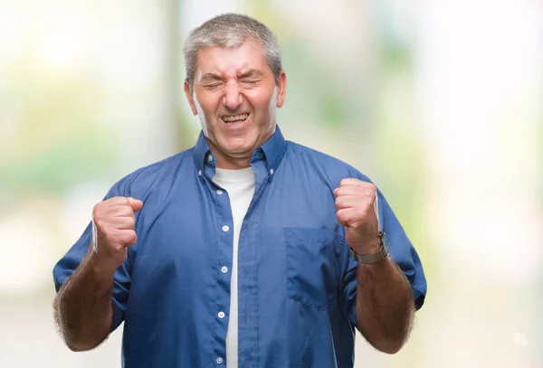 Knappe Man Van Senior Geïsoleerde Achtergrond Enthousiast Voor Succes Met — Stockfoto