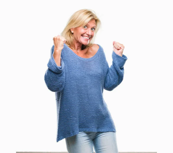 Middle Age Blonde Woman Wearing Winter Sweater Isolated Background Very — Stock Photo, Image
