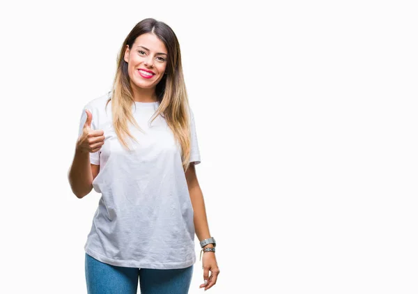 Joven Hermosa Mujer Casual Camiseta Blanca Sobre Fondo Aislado Haciendo — Foto de Stock