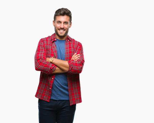 Joven Hombre Guapo Sobre Fondo Aislado Cara Feliz Sonriendo Con — Foto de Stock