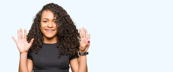 Young Beautiful Woman Curly Hair Showing Pointing Fingers Number Nine — Stock Photo, Image