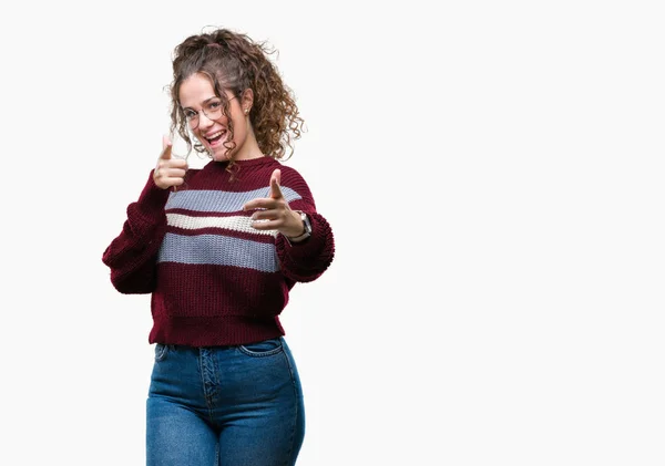 Beautiful Brunette Curly Hair Young Girl Wearing Glasses Isolated Background — Stock Photo, Image