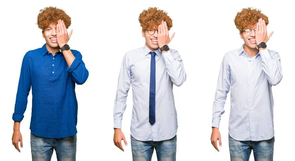 Collage Joven Hombre Negocios Con Pelo Rizado Con Gafas Sobre —  Fotos de Stock