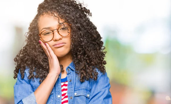 Young Beautiful Woman Curly Hair Wearing Glasses Thinking Looking Tired — Stock Photo, Image