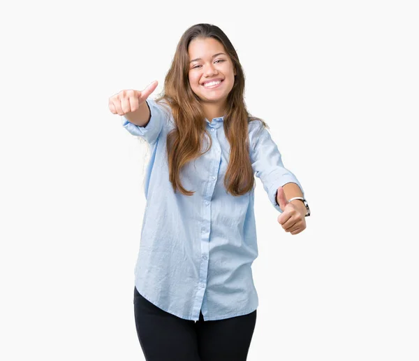 Jonge Mooie Brunette Zakenvrouw Geïsoleerde Achtergrond Goed Keuren Duim Doen — Stockfoto