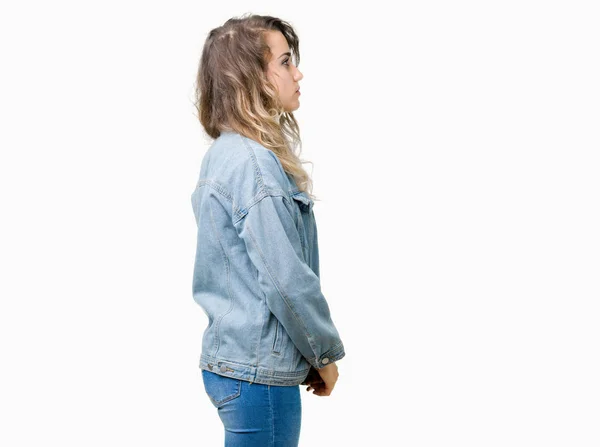 Bella Giovane Donna Bionda Che Indossa Giacca Jeans Sfondo Isolato — Foto Stock