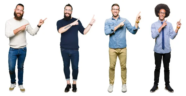 Collage Van Groep Jonge Mannen Witte Geïsoleerde Achtergrond Glimlachen Kijken — Stockfoto